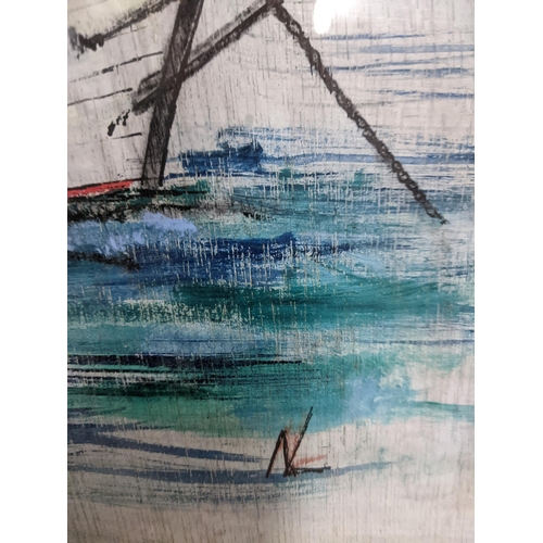 71 - Nigel Legge (fisherman /artist) Crabbers laying to anchor, oil painting on board, artists monogram t... 