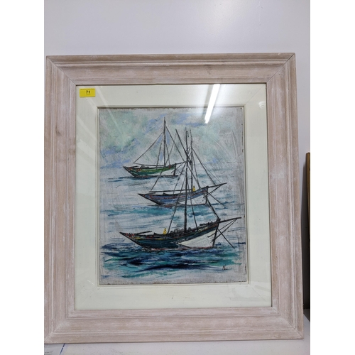 71 - Nigel Legge (fisherman /artist) Crabbers laying to anchor, oil painting on board, artists monogram t... 