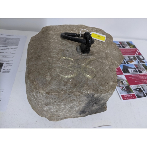 73 - French granite tethering stone with iron handle incised mark number '36' to top, probably 19th centu... 