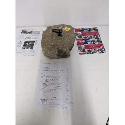73 - French granite tethering stone with iron handle incised mark number '36' to top, probably 19th centu... 