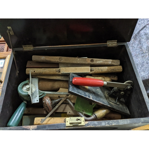 79 - A mixed lot of tools contained mainly in three wooden tool boxes to include a Mercer dial gauge, a M... 