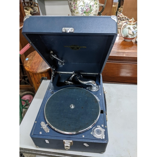 84 - A blue cased Columbia wind up gramophone 
Location:G