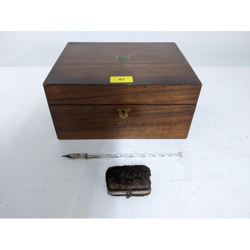 97 - A mid Victorian writing slope with single inkwell in a fitted interior 13cm x 26cm x 21cm, glass dip... 