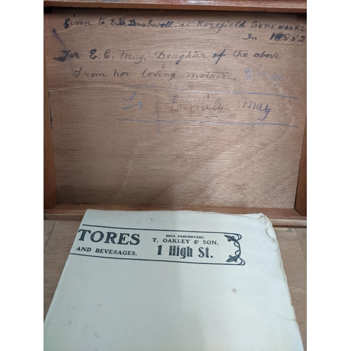 97 - A mid Victorian writing slope with single inkwell in a fitted interior 13cm x 26cm x 21cm, glass dip... 