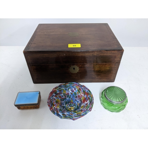 98 - A rosewood Victorian work box with inlaid brass stringing and petal shaped cartouche, fitted tray in... 