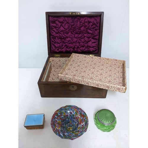 98 - A rosewood Victorian work box with inlaid brass stringing and petal shaped cartouche, fitted tray in... 