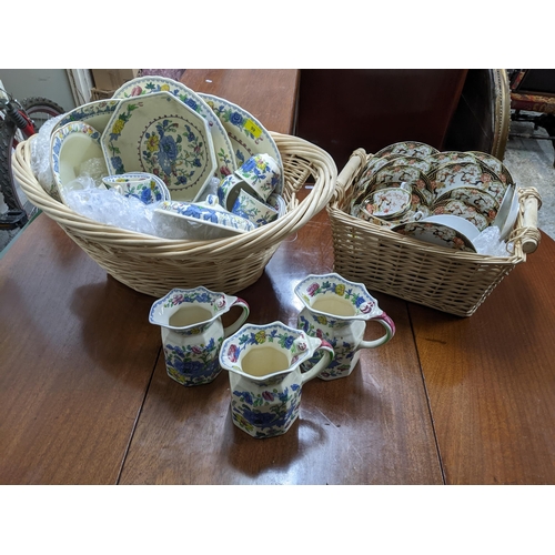 99 - A basket of Masons Regency/Colonial table ceramics to include three jugs, octagonal bowl, meat plate... 