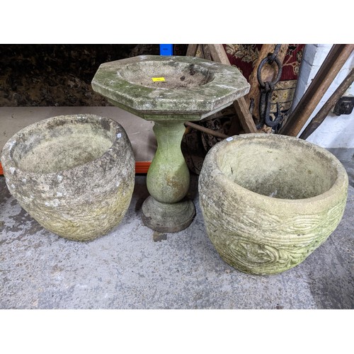 92 - A group of weathered garden concrete planters with one column stands, along with a pedestal bird bat... 