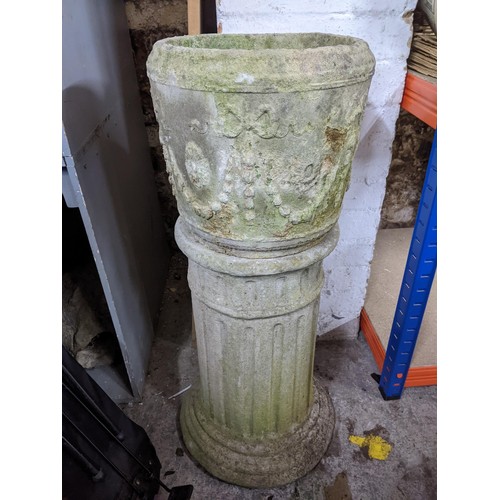 92 - A group of weathered garden concrete planters with one column stands, along with a pedestal bird bat... 