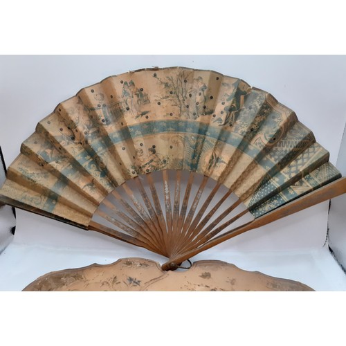 132 - A pair of late 19th Century treen face fans with painted images of wild flowers together with later ... 