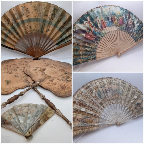 132 - A pair of late 19th Century treen face fans with painted images of wild flowers together with later ... 