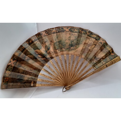 133 - Five early to mid 20th Century paper and fabric fans to include an Oriental black paper fan with pai... 