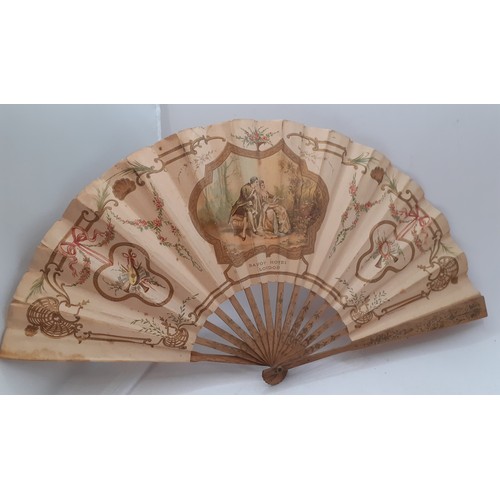 133 - Five early to mid 20th Century paper and fabric fans to include an Oriental black paper fan with pai... 