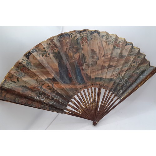 133 - Five early to mid 20th Century paper and fabric fans to include an Oriental black paper fan with pai... 