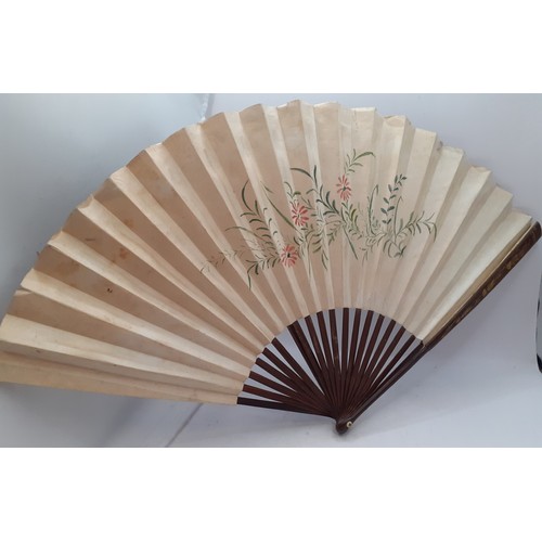 133 - Five early to mid 20th Century paper and fabric fans to include an Oriental black paper fan with pai... 