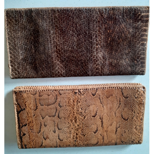 57 - Two vintage snakeskin clutch bags, both measuring 12