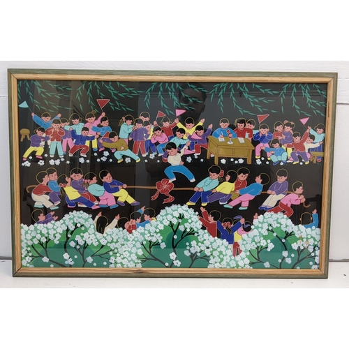 373 - Pan Xiaoling - A watercolour depicting Chinese children playing tug of war, 78 x 58, framed Location... 