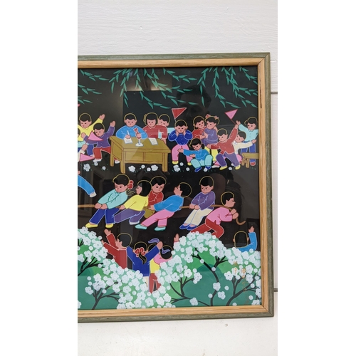 373 - Pan Xiaoling - A watercolour depicting Chinese children playing tug of war, 78 x 58, framed Location... 