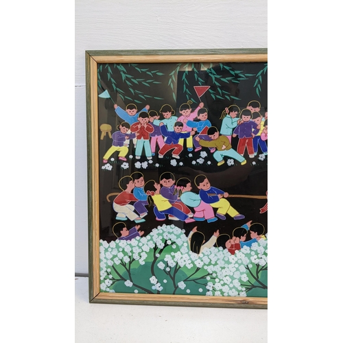 373 - Pan Xiaoling - A watercolour depicting Chinese children playing tug of war, 78 x 58, framed Location... 