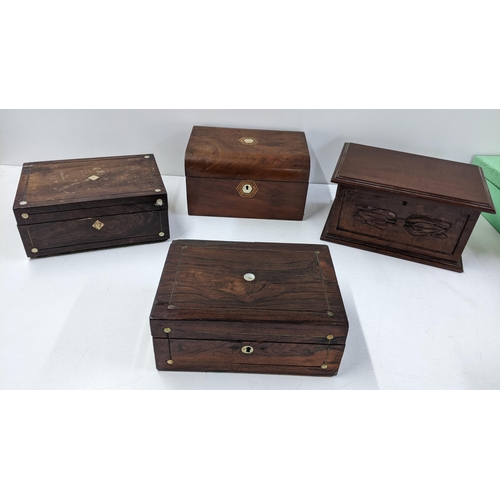 202 - Four 19th century and later boxes to include two rosewood examples inset with Mother of Pearl 
Locat... 