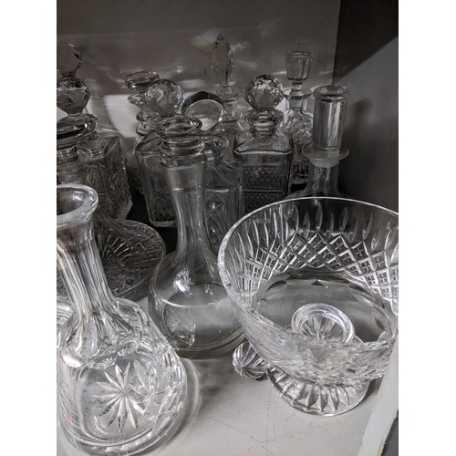 334 - A selection of cut glass decanters to include one by Atlantis and a Stuart crystal presentation pede... 