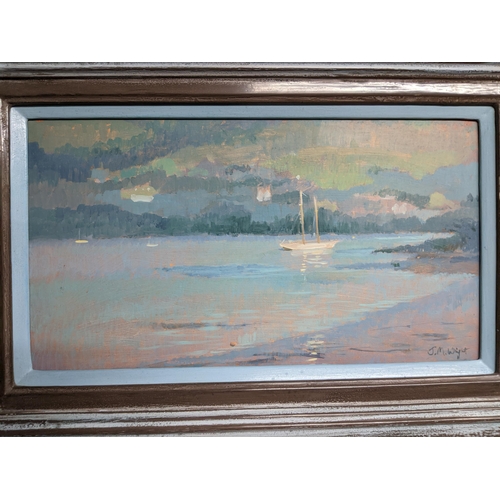 335 - Jenny Wright - sale boats on a river, oil on board, signed J.M. Wright to lower right corner 23 x 41... 