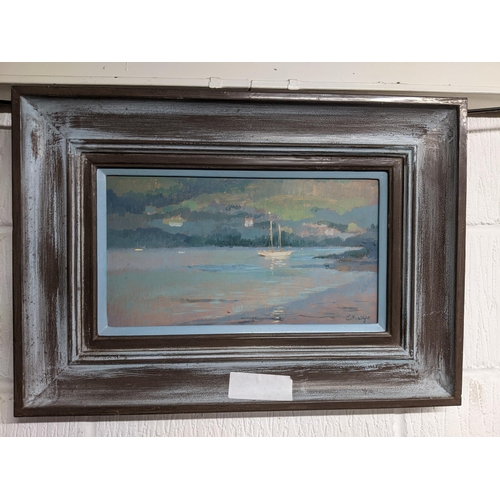 335 - Jenny Wright - sale boats on a river, oil on board, signed J.M. Wright to lower right corner 23 x 41... 