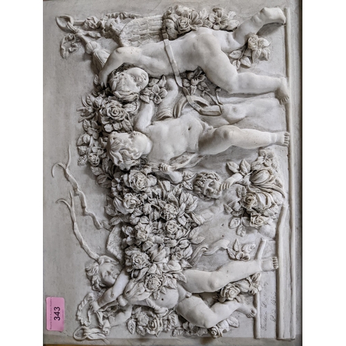 343 - A gilt framed composite marble relief plaque after Francois Duquesnoy (1597 -1643) incised to lower ... 