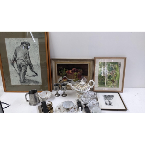 253 - A mixed lot to include a still life oil on board, paperweight, Victorian teapot, and other items Loc... 