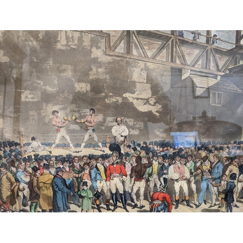 275 - Two pictures, one depicting a boxing match and a crowd, titled 'The interior of the fives court with... 