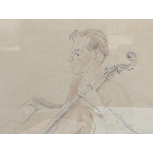 279 - A watercolour portrait of British cellist Denis Vigay at BBC orchestra by Athene Andrade bears a sig... 