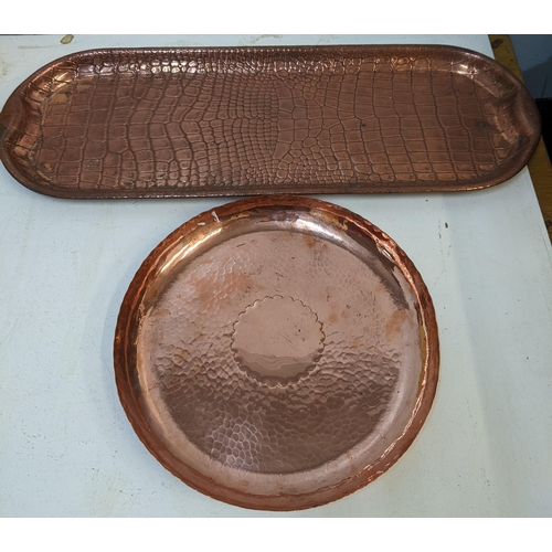 301 - A Newlyn copper tray with spot hammered decoration and a Joseph Sankey & Son copper crocodile skin p... 