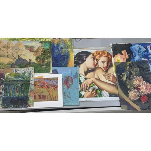 313 - Various paintings on board and canvas to include L Goetz - oil on canvas depicting two females and o... 