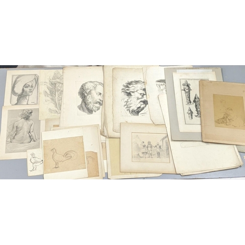 314 - Mixed sketches and engravings to include two Baskt portraits, sketch depicting a woodland scene and ... 