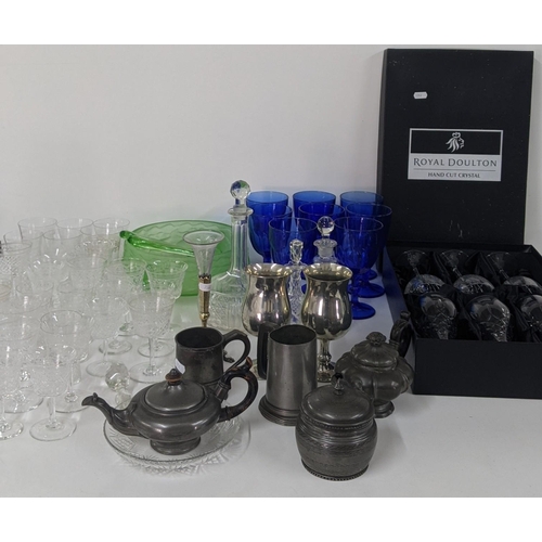 317 - Mixed glassware and pewter to include six Royal Doulton crystal cut glasses boxed, two pewter tea po... 