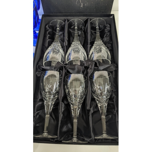 317 - Mixed glassware and pewter to include six Royal Doulton crystal cut glasses boxed, two pewter tea po... 