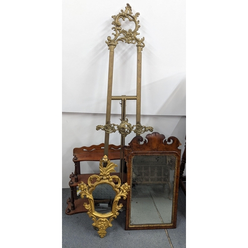 393 - A mixed lot to include a 20th century brass easel, together with a Georgian Chippingdale walnut mirr... 