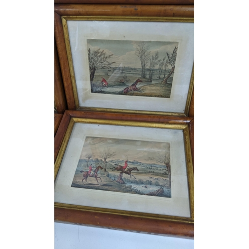 207 - A set of coloured hunting scene engravings in maple frames, together with a Bill Makinson print with... 