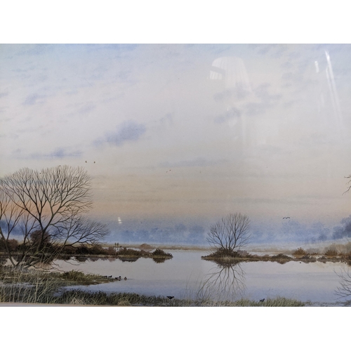 220 - Peter Hayman - estuary winter landscape with trees and wildfowl, watercolour, signed lower right, 31... 