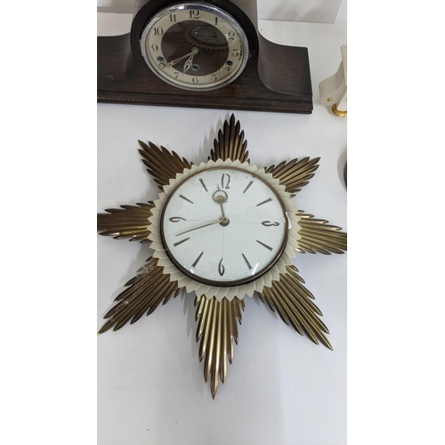 404 - A mixed lot to include a Neapolitan style hat clock, a Sunburst wall clock, two barometers and one o... 