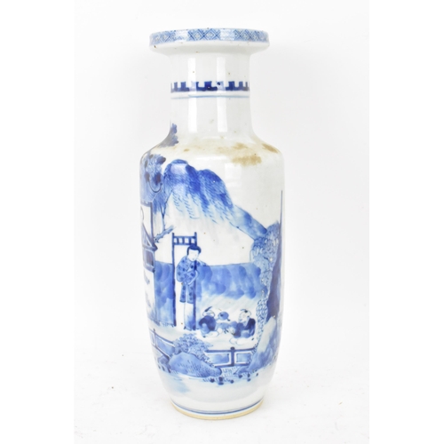 100 - A Chinese late Qing dynasty blue and white rouleau vase, late 19th/early 20th century, decorated wit... 