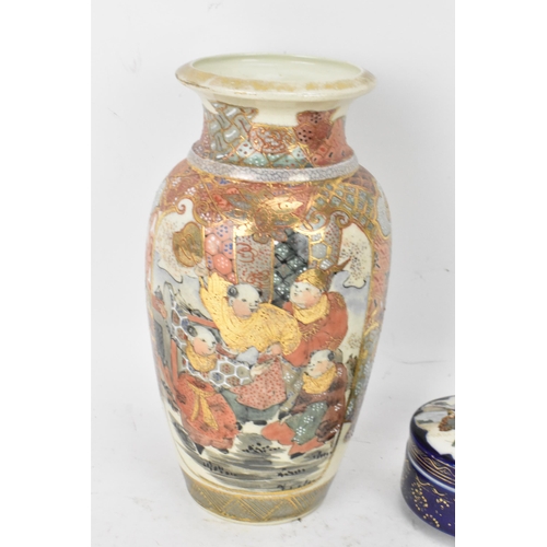 108 - Three Japanese Meiji period pieces to include a circa 1900 vase decorated with two panels of figures... 