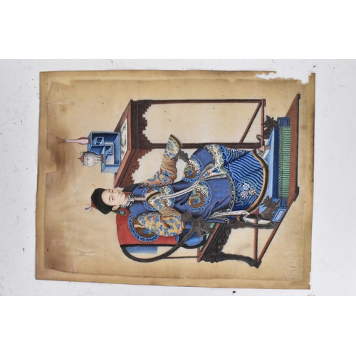 110 - Two Chinese export late Qing dynasty watercolours on rice paper paintings depicted a seated dignitar... 