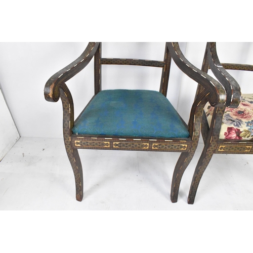 118 - A pair of 19th century Persian Qajar katamkari chairs, in the Regency bar back style, both profusely... 