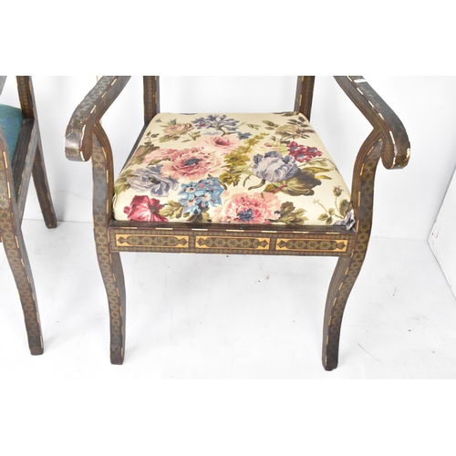 118 - A pair of 19th century Persian Qajar katamkari chairs, in the Regency bar back style, both profusely... 