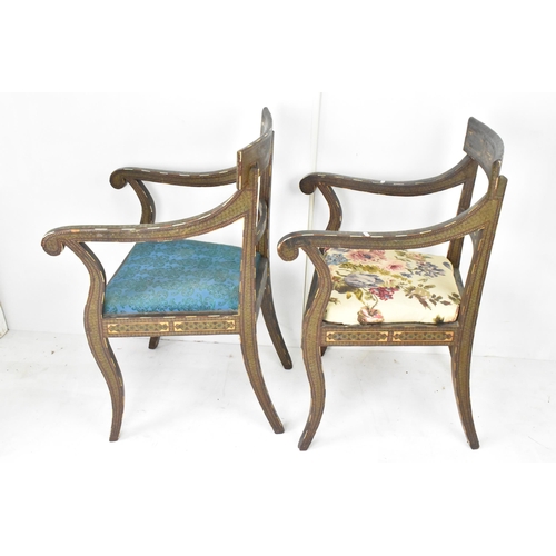 118 - A pair of 19th century Persian Qajar katamkari chairs, in the Regency bar back style, both profusely... 