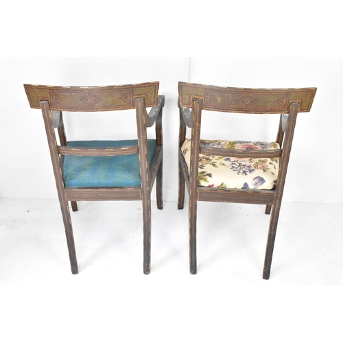 118 - A pair of 19th century Persian Qajar katamkari chairs, in the Regency bar back style, both profusely... 