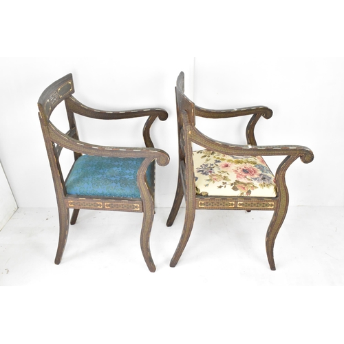 118 - A pair of 19th century Persian Qajar katamkari chairs, in the Regency bar back style, both profusely... 