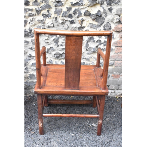 122 - A pair of 20th century Chinese Ming style hardwood armchairs, with curved top rail and curved centra... 