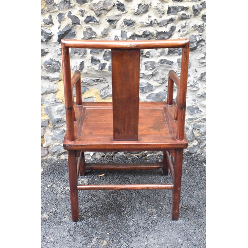 122 - A pair of 20th century Chinese Ming style hardwood armchairs, with curved top rail and curved centra... 